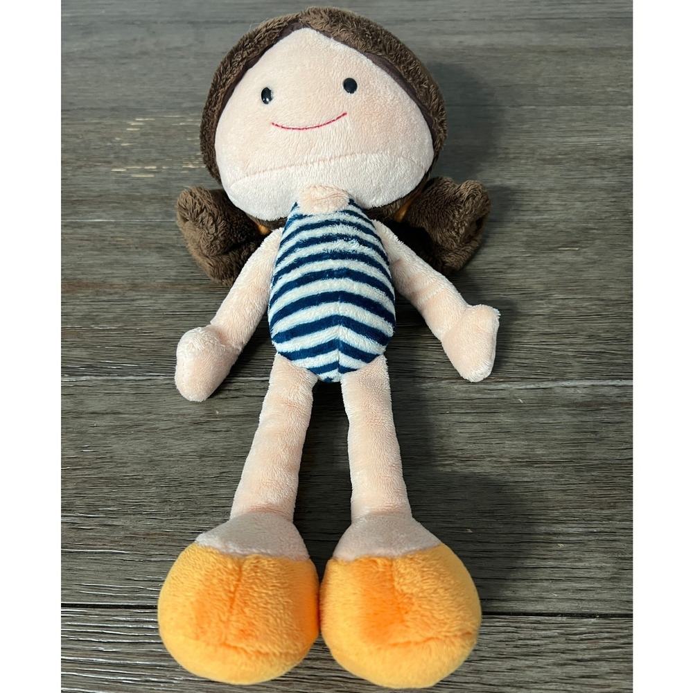 NICI Brunette Girl Plush Doll Striped Swimsuit Pigtails Soft Stuffed Toy